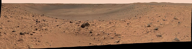 Wide view from Bonneville Crater. Hills on right hills nicknamed the "Columbia Hills” where Spirit eventually drove to.