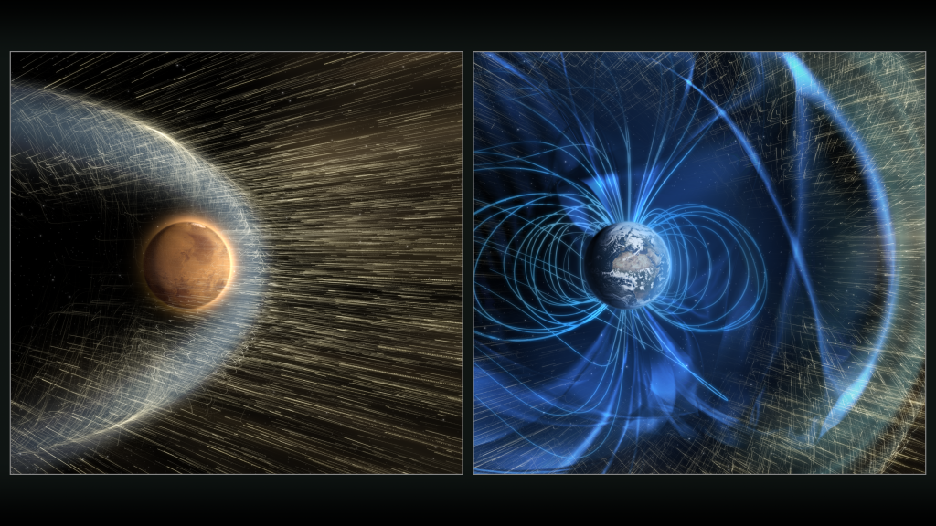 Artist’s conception of how the solar wind strikes Mars, but does not reach the Earth’s surface because of the Earth’s magnetic field