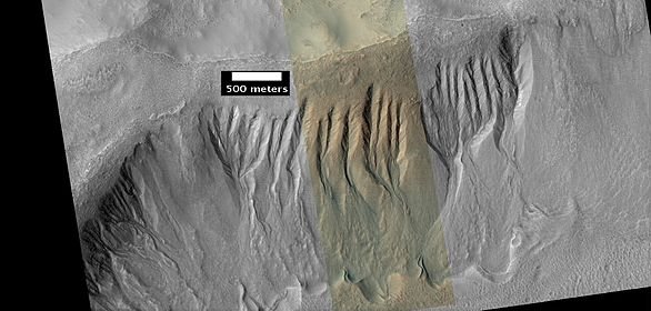 Gullies in Phaethontis quadrangle Ridges at the end of the gullies may be the remains of old glaciers.[99]