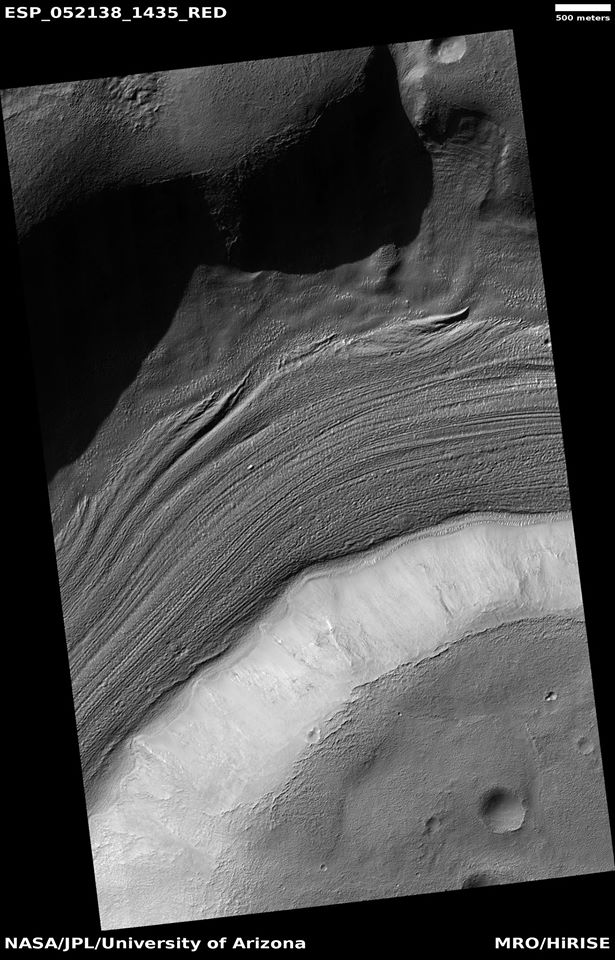 Image of gullies with main parts labeled. The main parts of a Martian gully are alcove, channel, and apron. Since there are no craters on this gully, it is thought to be rather young. Picture was taken by HiRISE under HiWish program.