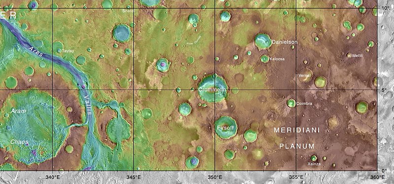 MOLA map showing Firsoff Crater and other nearby craters. Colors indicate elevations.
