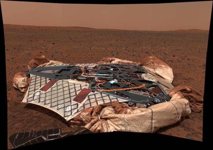 Spirit’s landing site Part of Spirit’s solar panel is visible in the foreground.