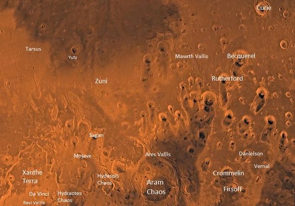 Image of the Oxia Palus Quadrangle (MC-11). The region contains heavily cratered highlands in the southeast which are intersected by several large outflow channels terminating in the relatively smooth plains of Chryse basin in the northwest.