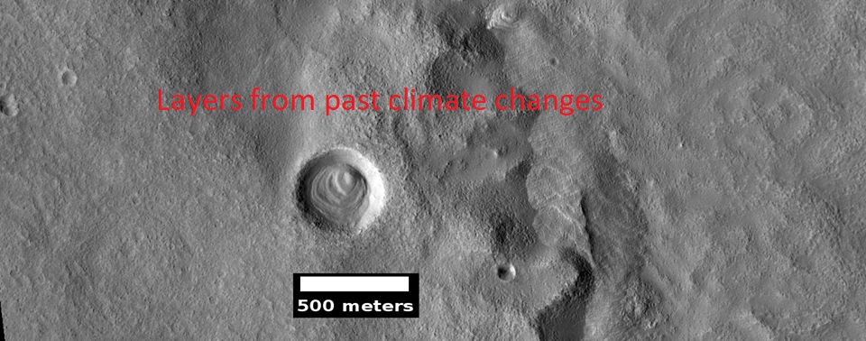Mesa in crater with layers